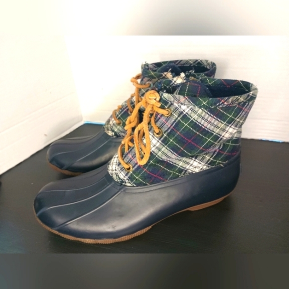 Sperry Rubber Waterproof Duck Boots Womens Tartan Plaid Green